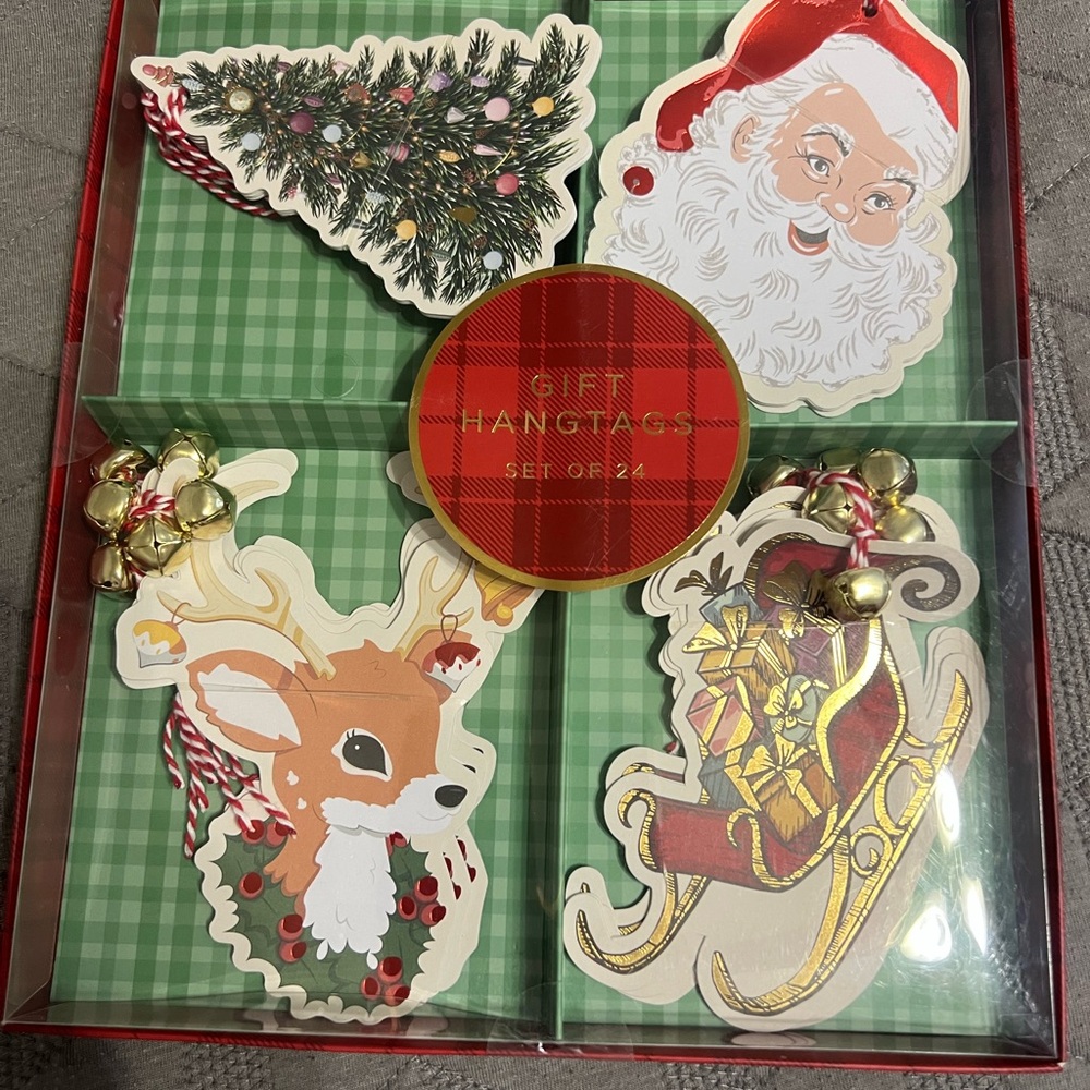 24 vintage Festive Holiday Gift Tags Set - Santa, Reindeer, Sleigh, Pine